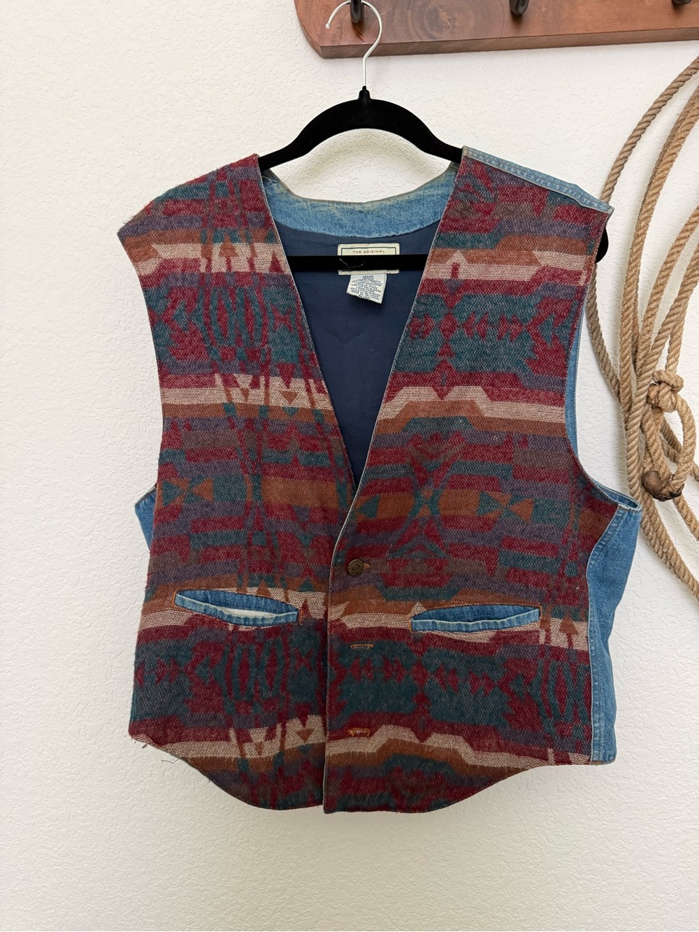 Southwestern Patterned Denim-Back Vest with Buttons